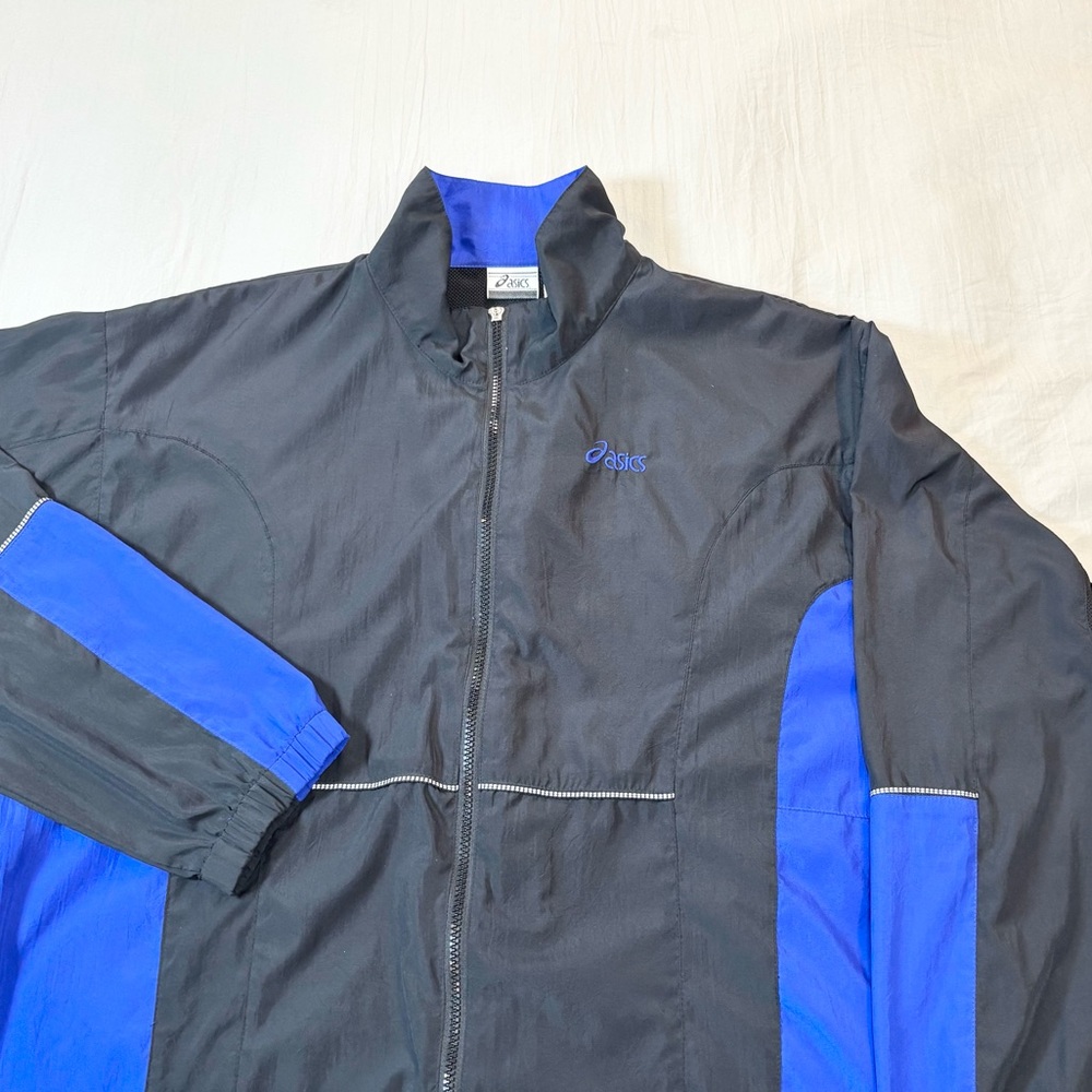 Vintage 90s ASICS Windbreaker Track Jacket Men’s Medium Black Blue‎ Color Block